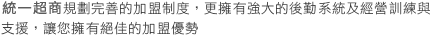 台灣地區位居台灣地區零售業龍頭領導地位，除了完善的加盟制度，更擁有強大的後勤系統及經營訓練與支援，讓您擁有絕佳的加盟優勢。

